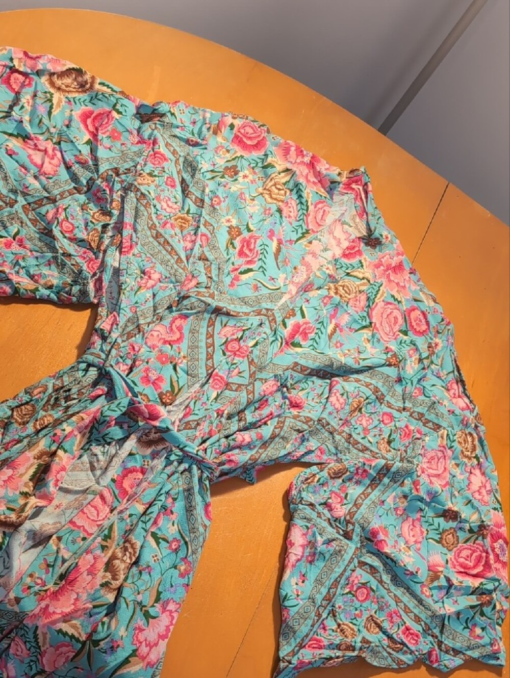 Spell Og Babushka Kimono Turquoise Floral Robe with Pink Rose and Bird Print - Picture 6 of 7